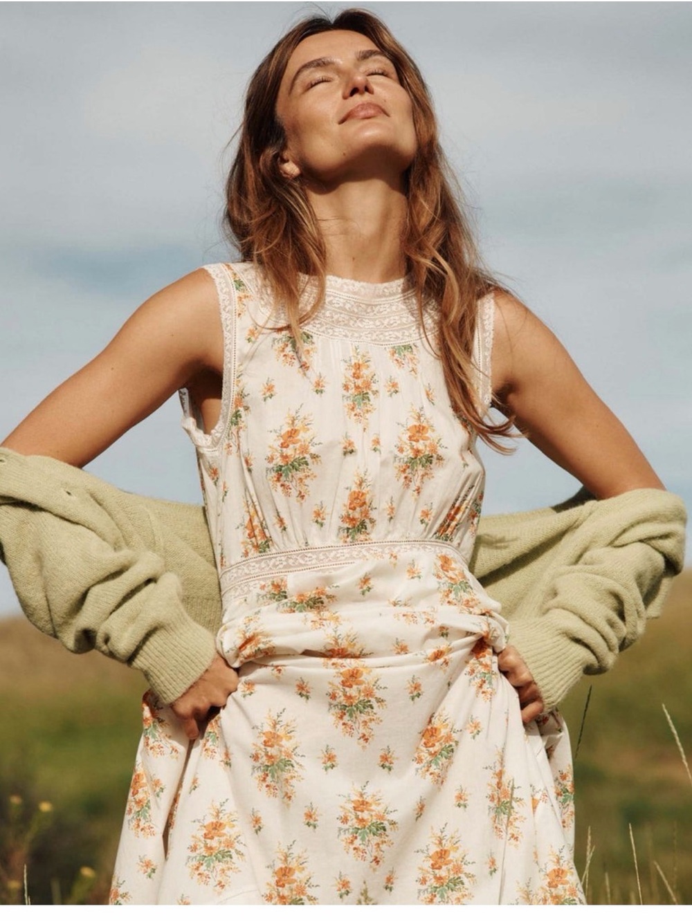 Doen Cream Floral Sleeveless Midi Dress with Orange Bouquet Print